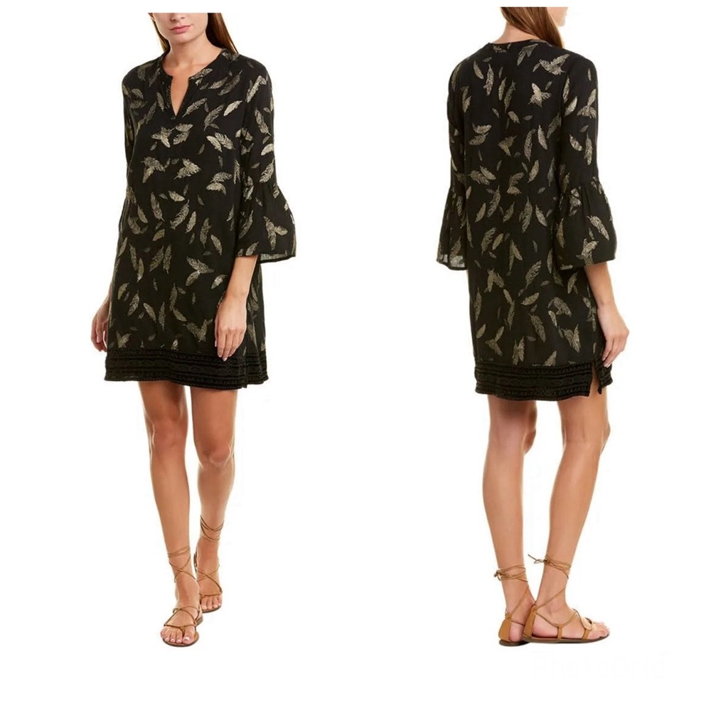 JOHNNY WAS Workshop Black Metallic Gold Feathers Embroidered Hem Mini Dress Sz L - Picture 16 of 16